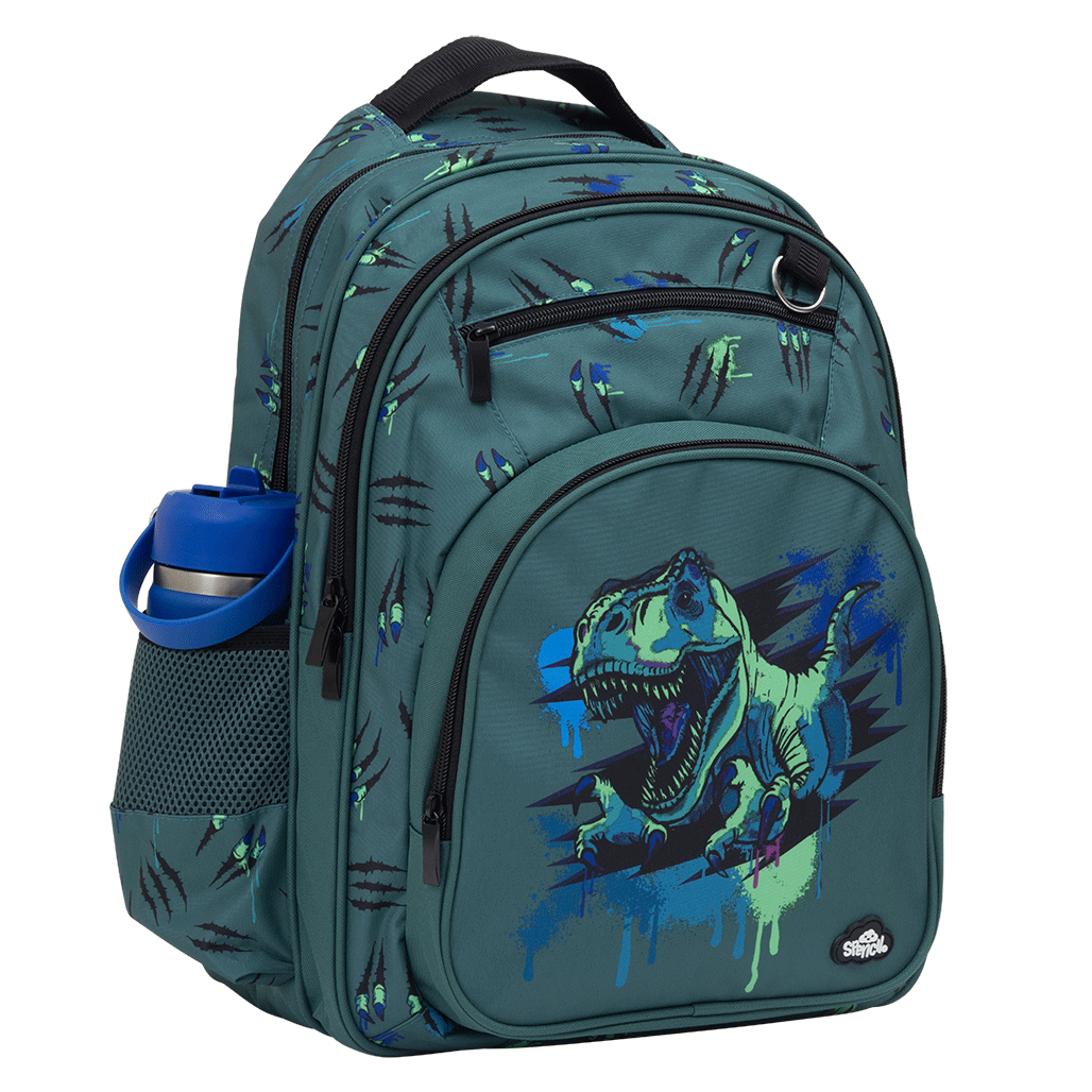 Spencil Raptor Rampage Big Kids Backpack, three-quarter view, blue and lime raptor dinosaur on slate teal
