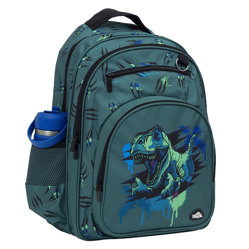 Spencil Raptor Rampage Big Kids Backpack, three-quarter view, blue and lime raptor dinosaur on slate teal