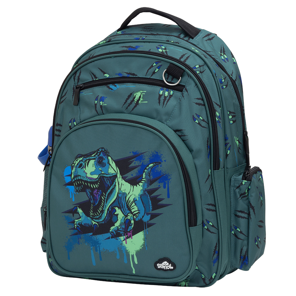 Spencil Raptor Rampage Big Kids Backpack, three-quarter side view, blue and lime raptor dinosaur on slate teal