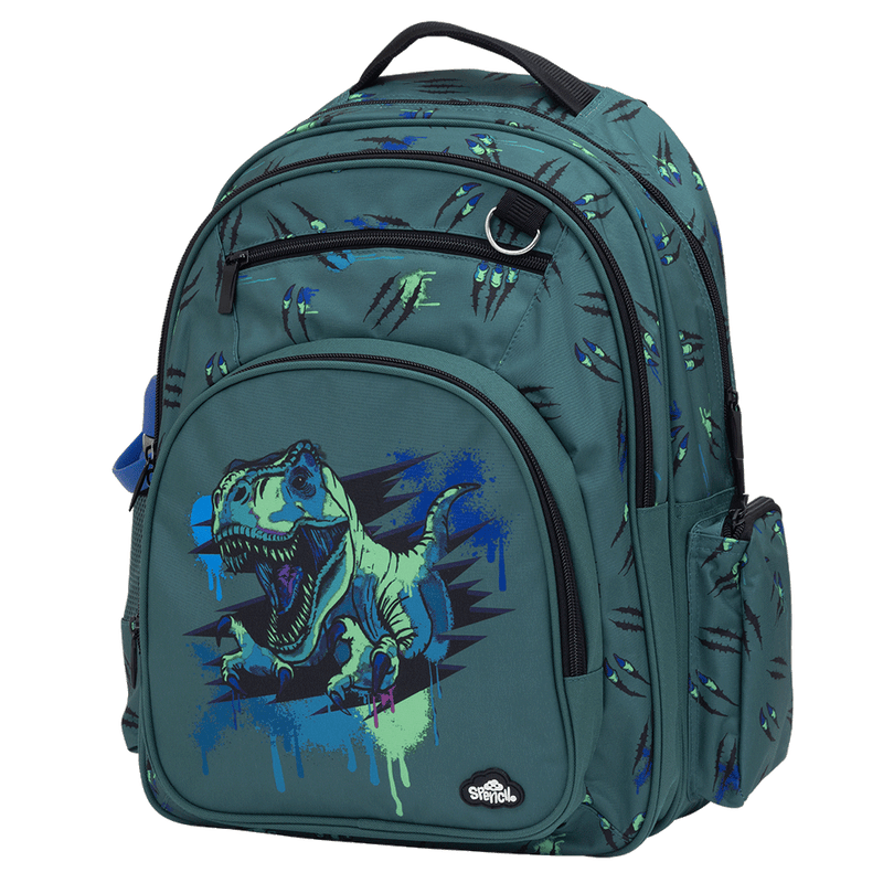 Spencil Raptor Rampage Big Kids Backpack, three-quarter side view, blue and lime raptor dinosaur on slate teal
