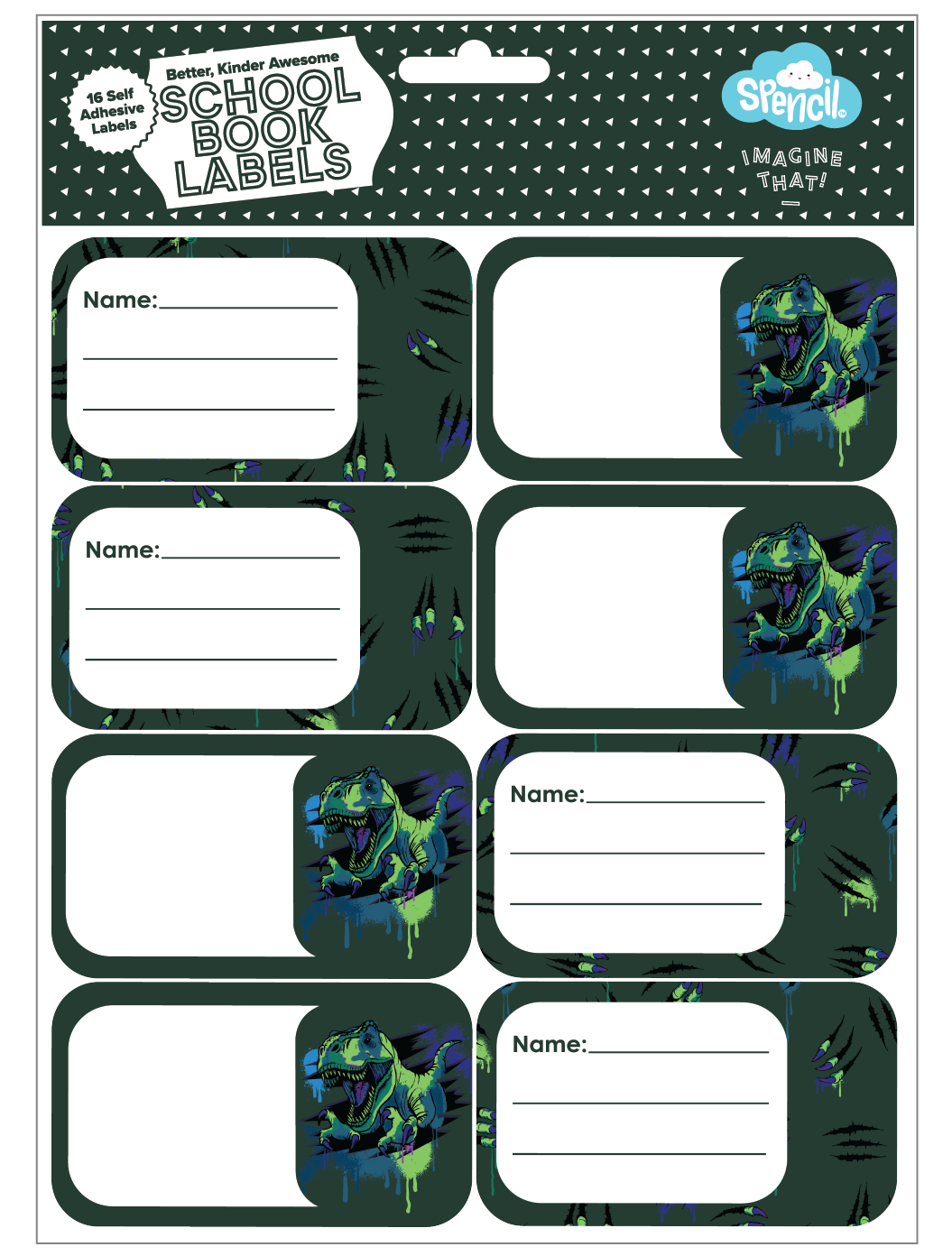 Front of the Spencil Raptor Rampage School Book Labels hang-sell pack of 16 self-adhesive name labels, artwork: neon green and blue raptor dinosaur heads on dark green with claw scratches