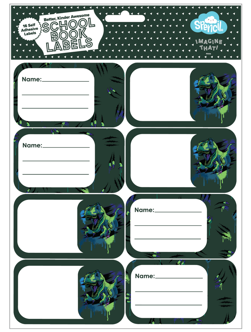 Front of the Spencil Raptor Rampage School Book Labels hang-sell pack of 16 self-adhesive name labels, artwork: neon green and blue raptor dinosaur heads on dark green with claw scratches