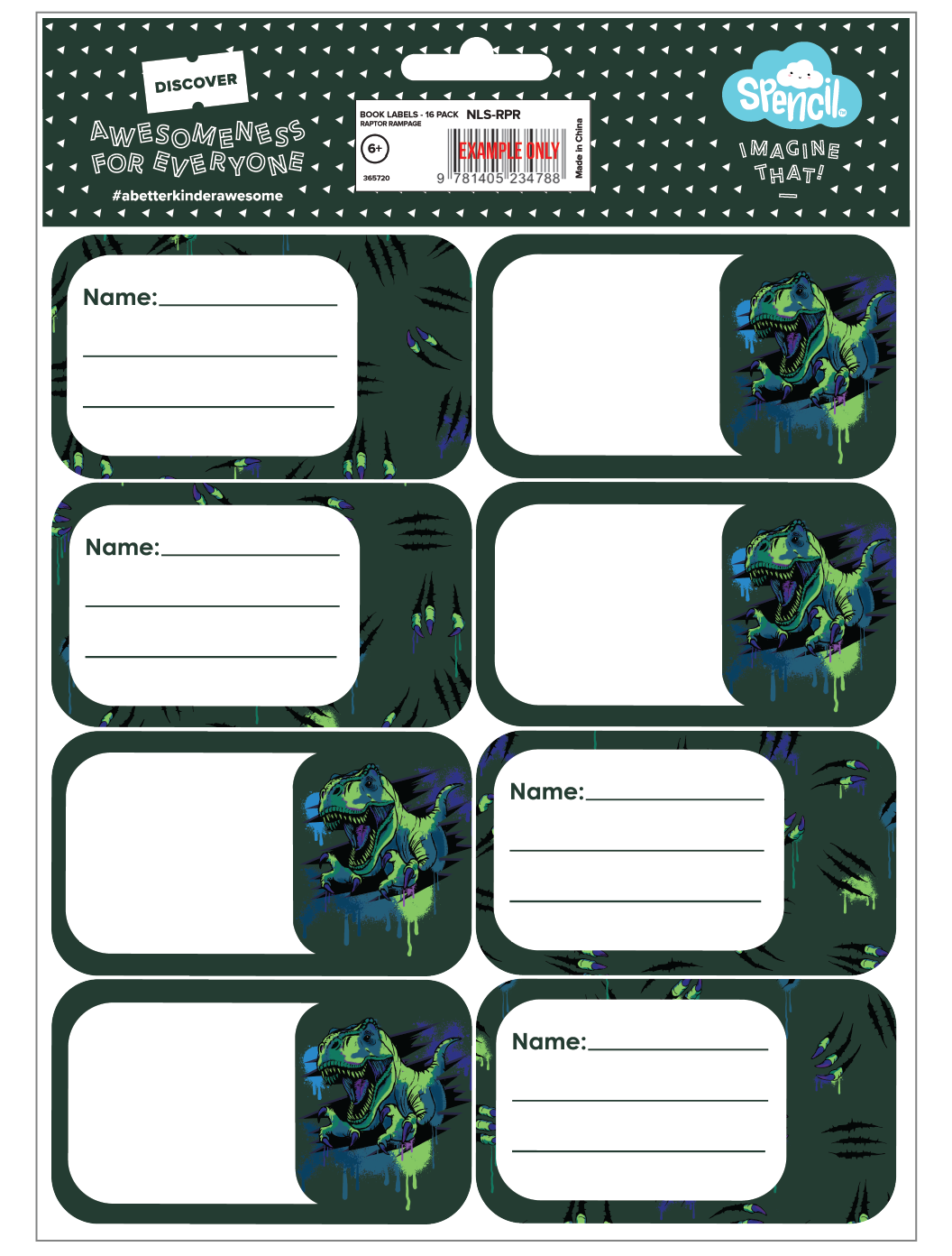 Back of the Spencil Raptor Rampage School Book Labels pack with the barcode panel above the labels, artwork: neon green and blue raptor dinosaur heads on dark green with claw scratches