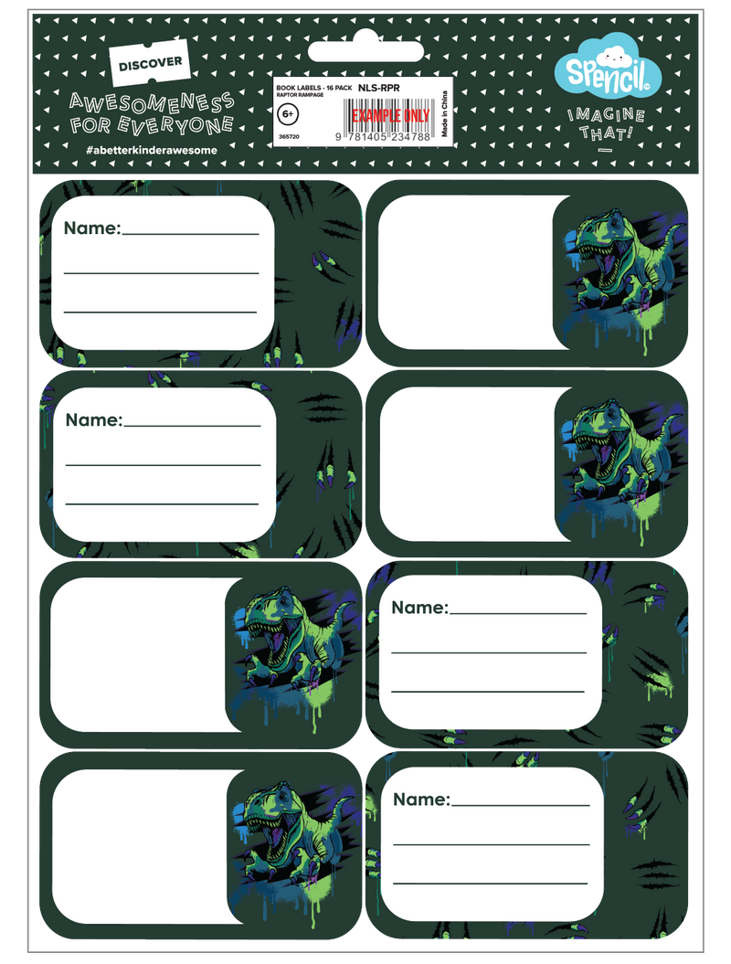 Back of the Spencil Raptor Rampage School Book Labels pack with the barcode panel above the labels, artwork: neon green and blue raptor dinosaur heads on dark green with claw scratches