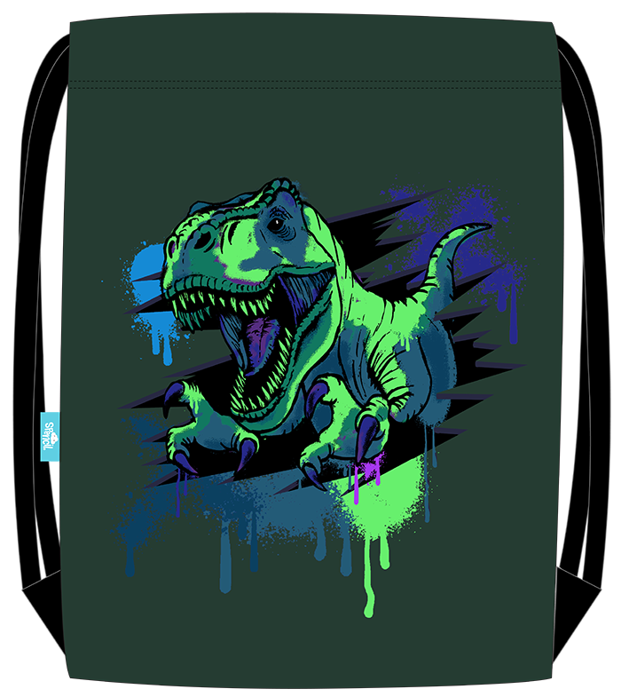 Spencil Raptor Rampage Drawstring Bag front with lime T-rex and purple paint drips on dark green