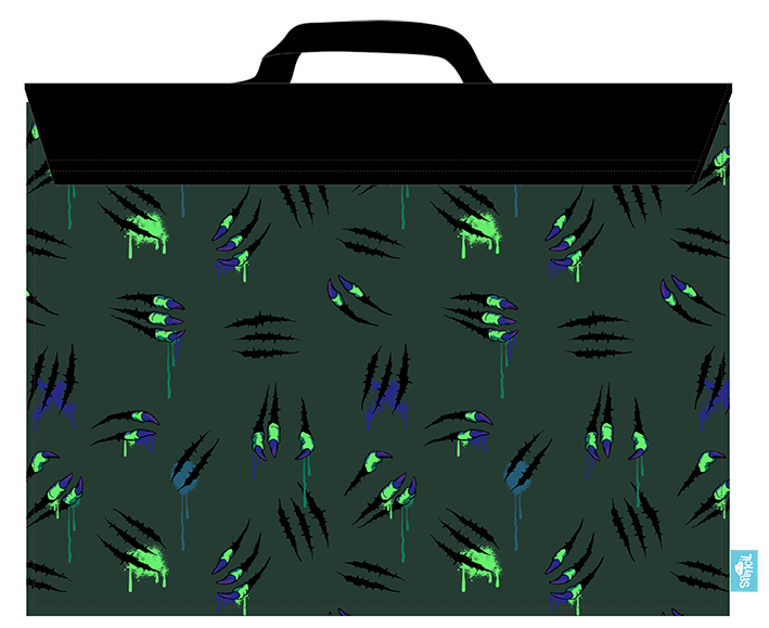 Back of the Spencil Raptor Rampage library bag with the neon dinosaur print running across the panel beneath the plain fold-over flap and top handle