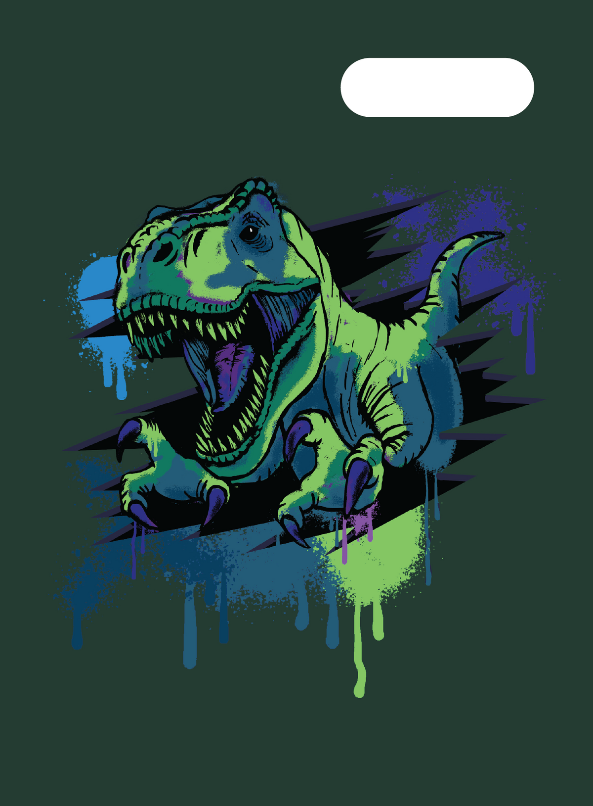 Spencil Raptor Rampage Scrapbook Cover Pack of 6: front artwork, neon green T-rex breaking through dark green with paint drips, with white name and subject label cut-out
