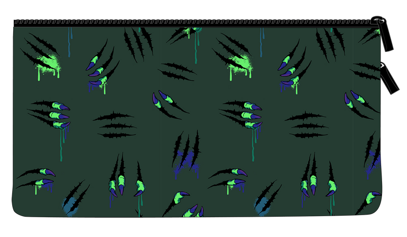 Back of the Spencil Raptor Rampage twin zip pencil case showing neon green and blue claw marks scattered over dark green