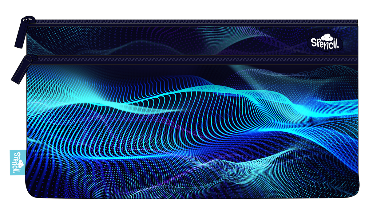 Front of the Spencil Sonic Riptide twin zip pencil case showing electric blue digital waves made of fine lines of light flowing across a deep navy background, with navy zips
