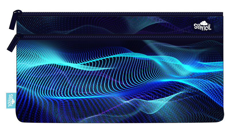 Front of the Spencil Sonic Riptide twin zip pencil case showing electric blue digital waves made of fine lines of light flowing across a deep navy background, with navy zips