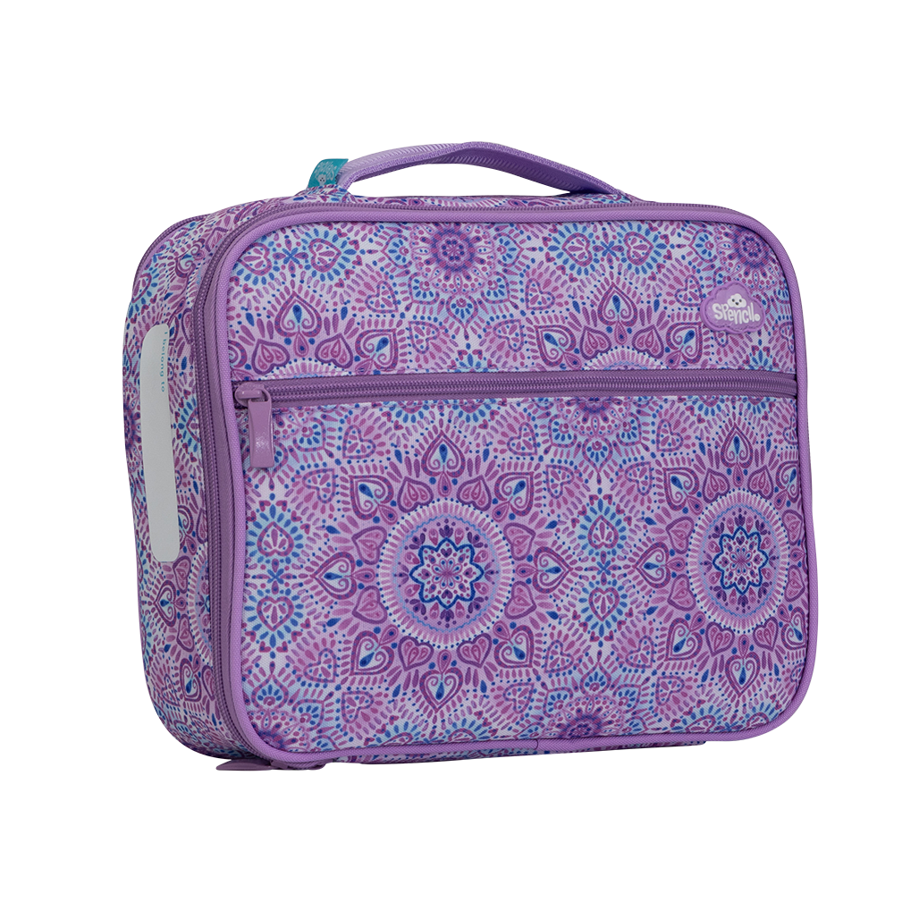 Angled side view of the Spencil Sweet Hearts Big Cooler Lunch Bag showing the clear name card pocket on the side panel