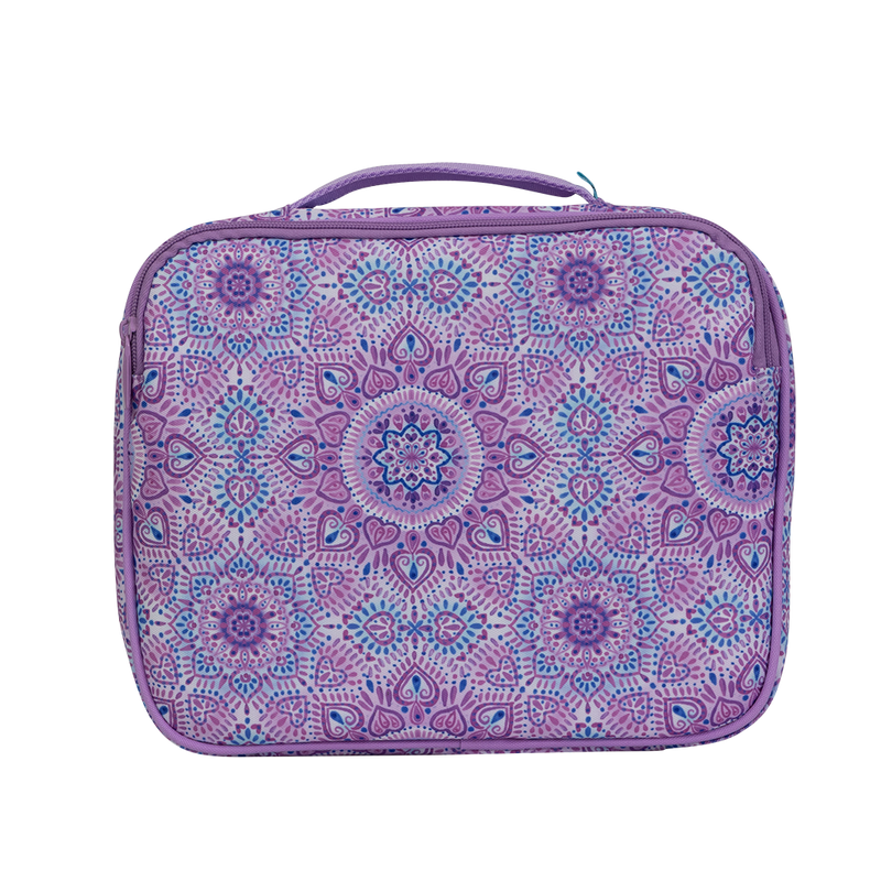 Back of the Spencil Sweet Hearts Big Cooler Lunch Bag showing the full lilac medallion print on the rear panel