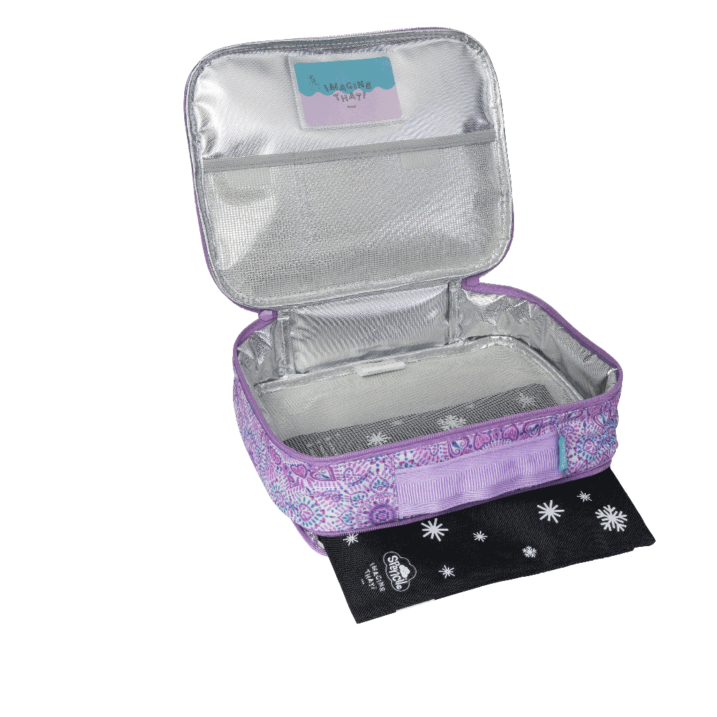 Spencil Sweet Hearts Big Cooler Lunch Bag unzipped to show the silver insulated lining, with the Big Chill Pack in its black snowflake cover at the base