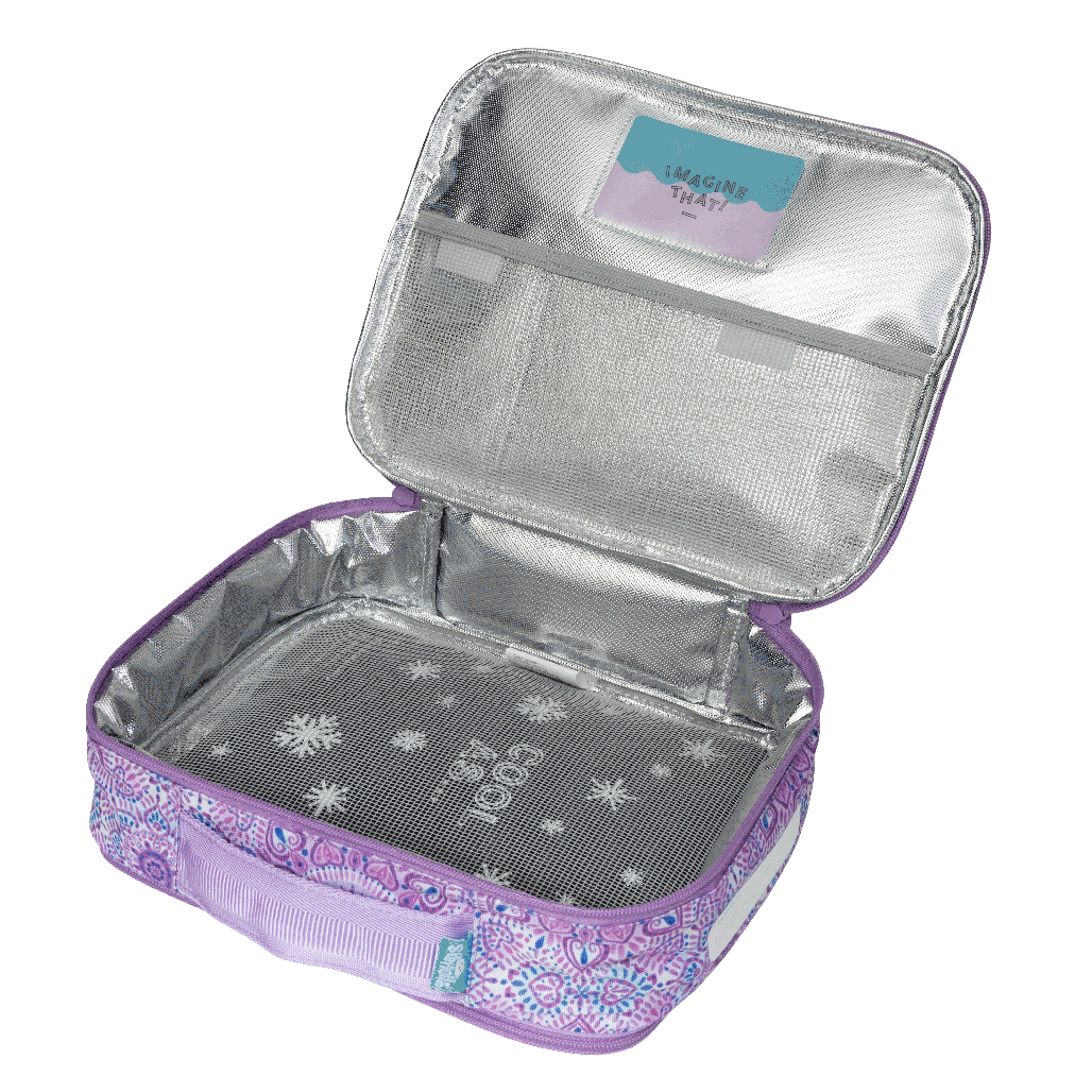 Additional view: Spencil Sweet Hearts Big Cooler Lunch Bag opened flat to show the silver insulated lining and the mesh pocket inside the lid
