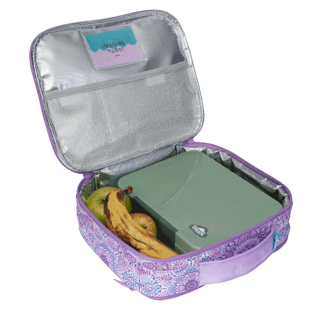 Spencil Sweet Hearts Big Cooler Lunch Bag packed with a lunch box and fresh fruit to show capacity, lunch box and food not included