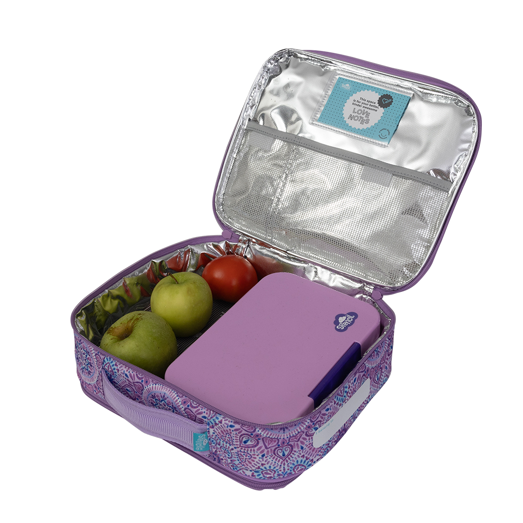 Additional view: Spencil Sweet Hearts Big Cooler Lunch Bag packed with a lunch box and fresh fruit to show capacity, lunch box and food not included