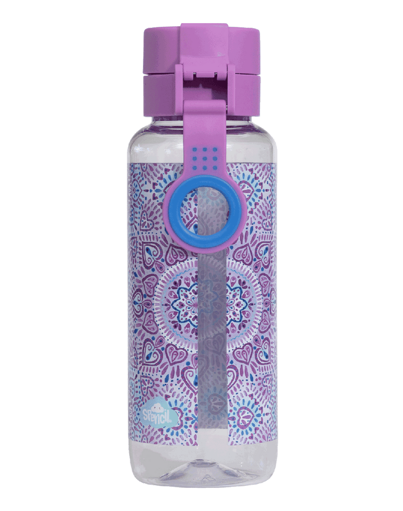 Spencil Sweet Hearts Big Water Bottle 650ml, back view showing the carry strap and finger ring, purple and blue ornate tile pattern, lilac lid with blue clip