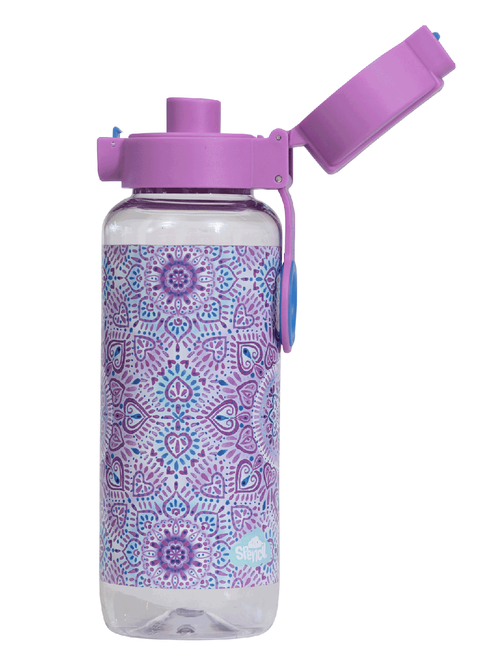 Spencil Sweet Hearts Big Water Bottle 650ml, side view with the flip lid open showing the drinking spout, purple and blue ornate tile pattern, lilac lid with blue clip, alternate shot