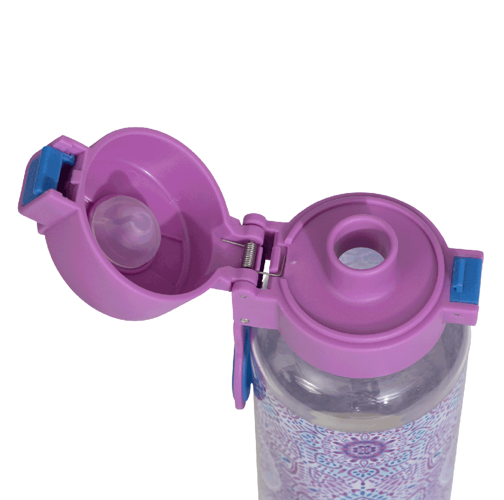 Spencil Sweet Hearts Big Water Bottle 650ml, close-up from above with the lid open showing the spout and seal, purple and blue ornate tile pattern, lilac lid with blue clip