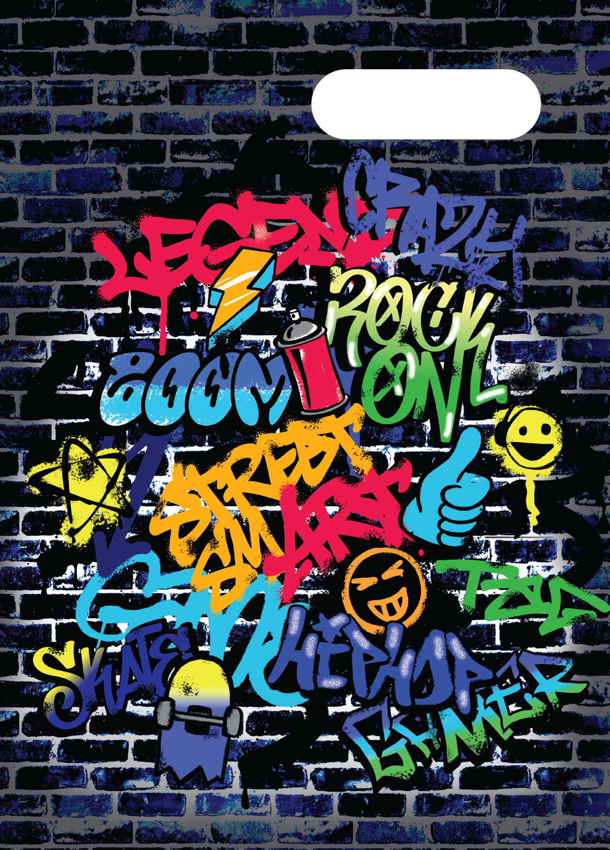 Spencil Tag Street A4 Book Cover Pack of 6: front artwork, colourful graffiti tags and smiley faces on a dark brick wall, with white name and subject label cut-out