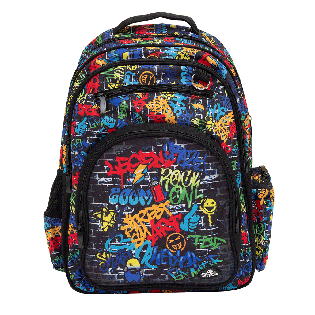 Spencil Tag Street Big Kids Backpack, front, multicoloured graffiti lettering on a dark brick wall