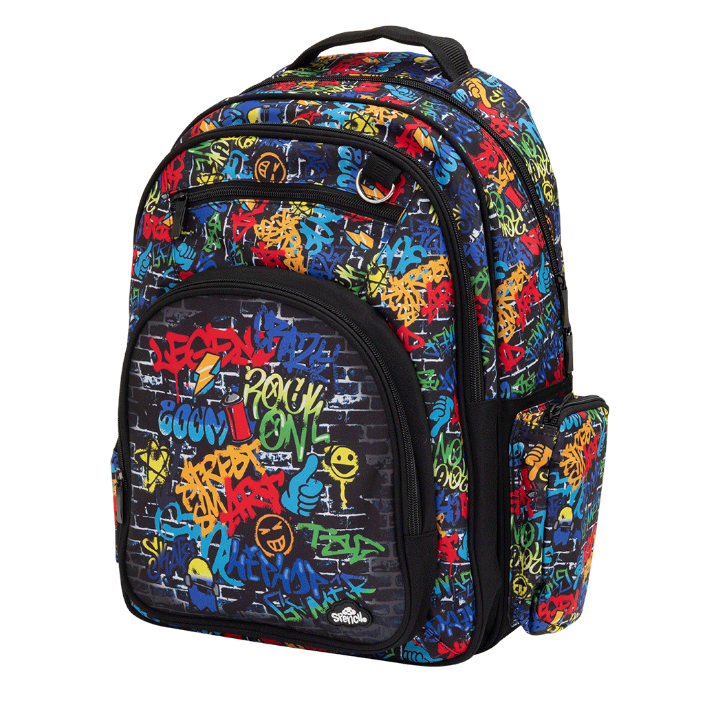 Spencil Tag Street Big Kids Backpack, three-quarter side view, multicoloured graffiti lettering on a dark brick wall
