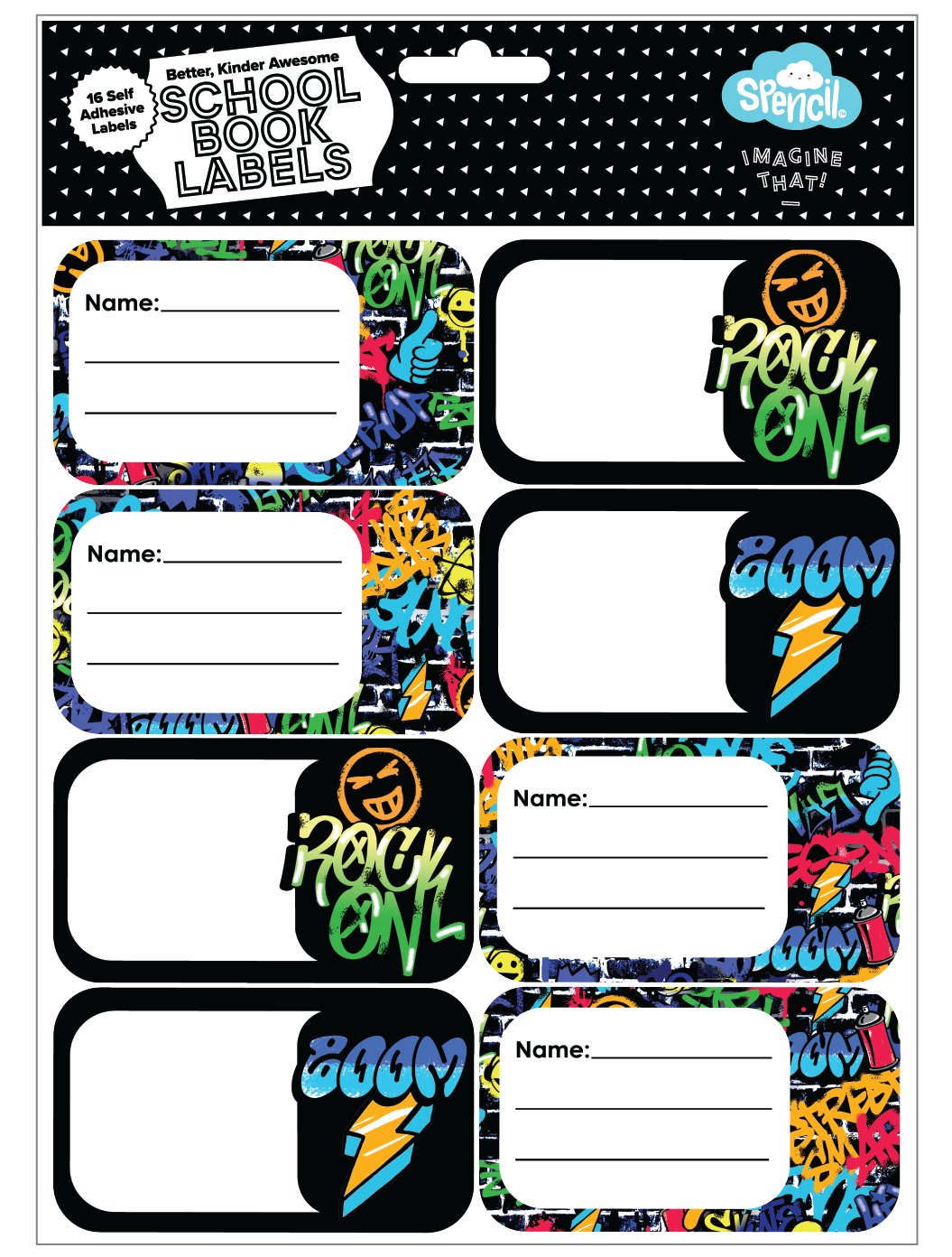 Front of the Spencil Tag Street School Book Labels hang-sell pack of 16 self-adhesive name labels, artwork: multicoloured graffiti with Rock On and Zoom tags, a lightning bolt and a smiley face