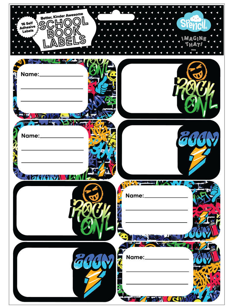 Front of the Spencil Tag Street School Book Labels hang-sell pack of 16 self-adhesive name labels, artwork: multicoloured graffiti with Rock On and Zoom tags, a lightning bolt and a smiley face