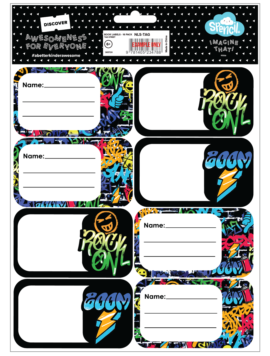 Back of the Spencil Tag Street School Book Labels pack with the barcode panel above the labels, artwork: multicoloured graffiti with Rock On and Zoom tags, a lightning bolt and a smiley face
