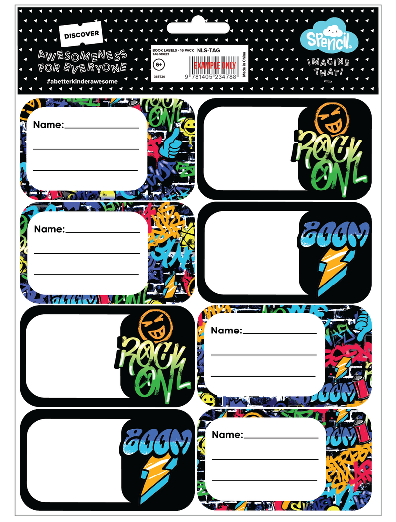 Back of the Spencil Tag Street School Book Labels pack with the barcode panel above the labels, artwork: multicoloured graffiti with Rock On and Zoom tags, a lightning bolt and a smiley face