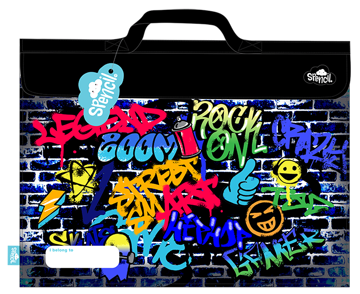 Front of the Spencil Tag Street library bag showing colourful graffiti tags, smiley faces and lightning bolts sprayed on a blue brick wall, with the top carry handle, fold-over flap and white name pocket at the lower left