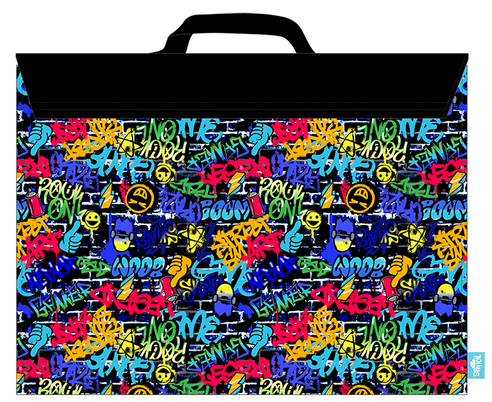 Back of the Spencil Tag Street library bag with the graffiti street art print running across the panel beneath the plain fold-over flap and top handle