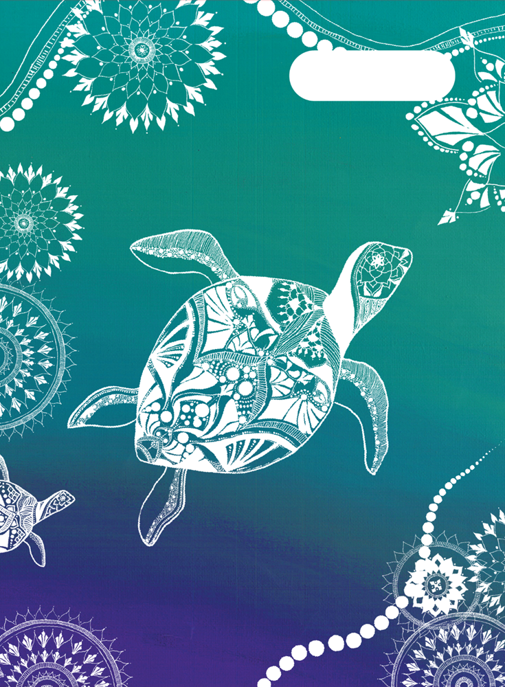 Spencil Turtle of Life 1 Scrapbook Cover Pack of 6: front artwork, large sea turtle with lacy white shell on teal to violet, with white name and subject label cut-out