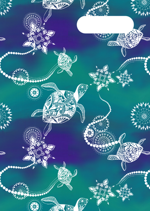 Spencil Turtle of Life 2 A4 Book Cover Pack of 6: front artwork, repeat of small white-patterned turtles and starfish on teal and purple, with white name and subject label cut-out