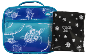 Spencil Turtle of Life Big Cooler Lunch Bag standing beside its Big Chill Pack in a black snowflake Cool As cover, showing the blue to aqua ombre with white line-drawn sea turtles, dotted trails and circle motifs, finished in aqua trim