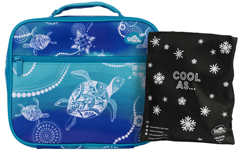 Spencil Turtle of Life Big Cooler Lunch Bag standing beside its Big Chill Pack in a black snowflake Cool As cover, showing the blue to aqua ombre with white line-drawn sea turtles, dotted trails and circle motifs, finished in aqua trim