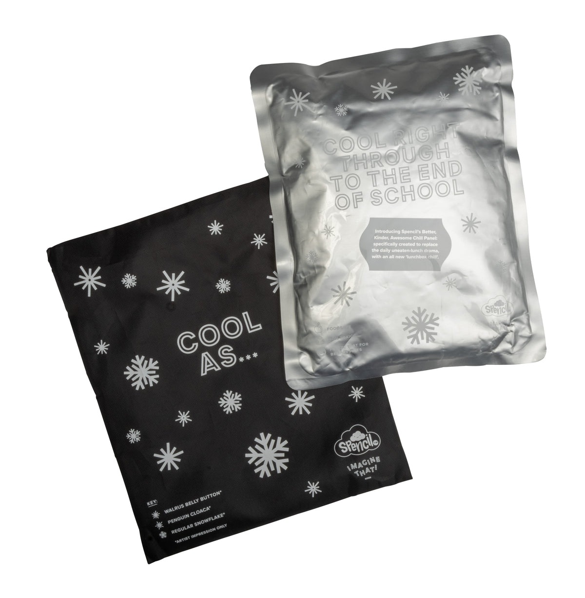 Silver aluminium gel Big Chill Pack sliding out of its black snowflake cover, included with the Spencil Turtle of Life Big Cooler Lunch Bag