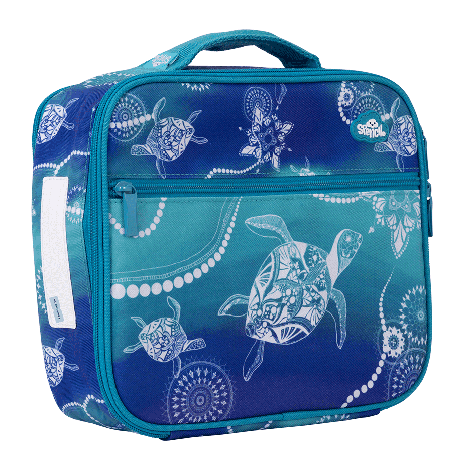 Angled side view of the Spencil Turtle of Life Big Cooler Lunch Bag showing the clear name card pocket on the side panel