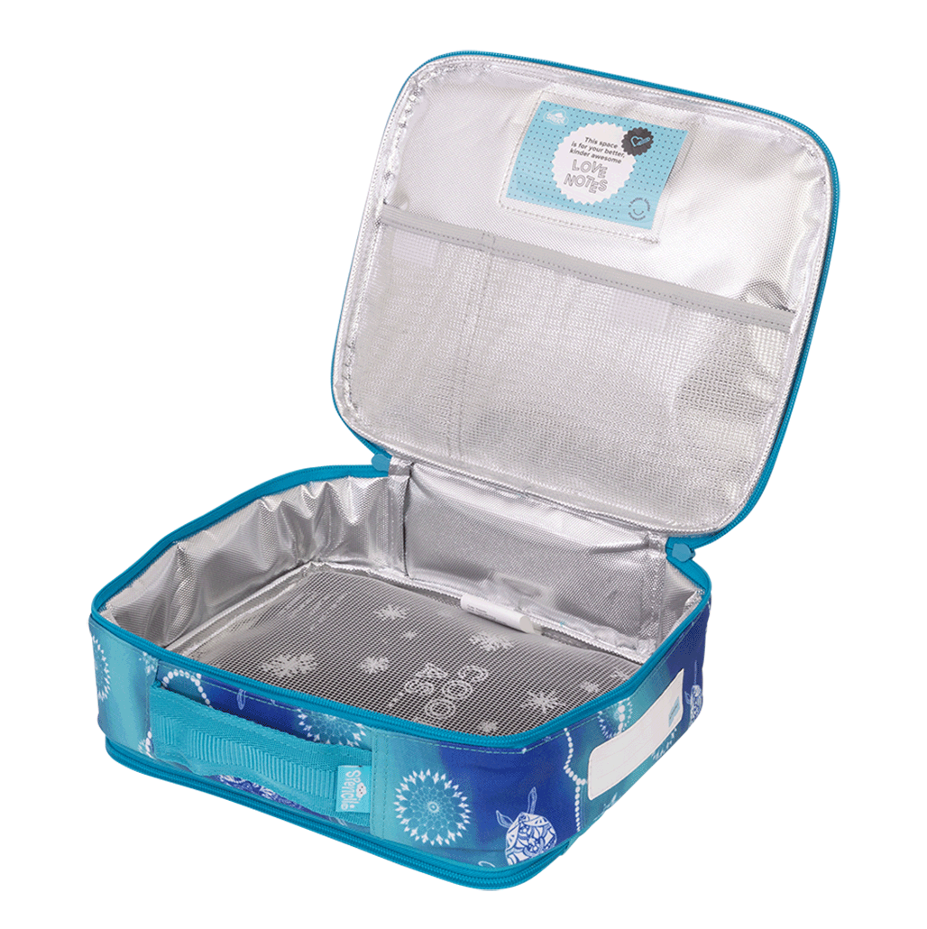 Spencil Turtle of Life Big Cooler Lunch Bag opened flat to show the silver insulated lining and the mesh pocket inside the lid