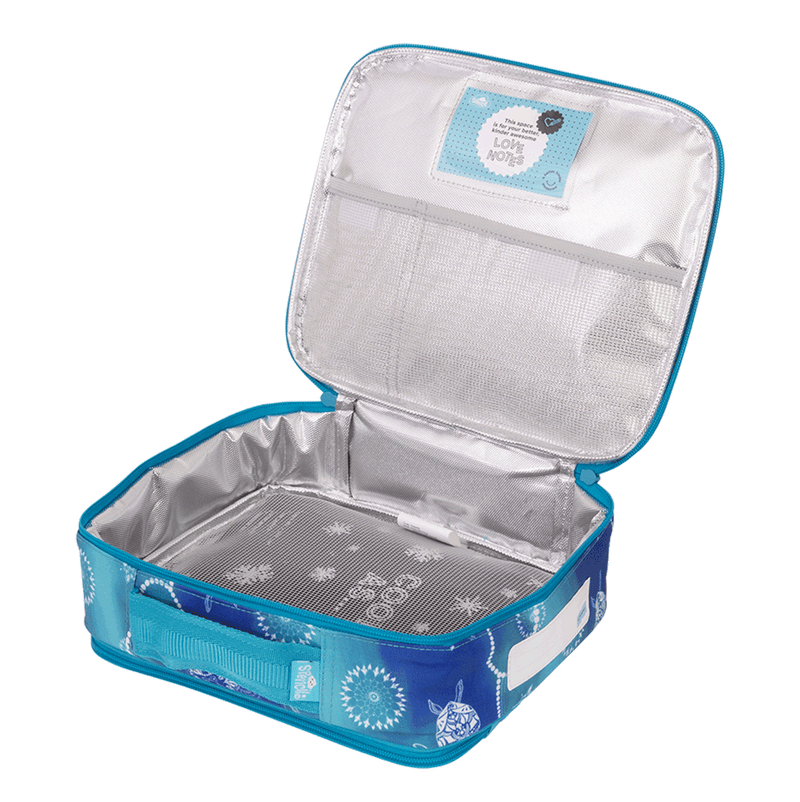 Spencil Turtle of Life Big Cooler Lunch Bag opened flat to show the silver insulated lining and the mesh pocket inside the lid