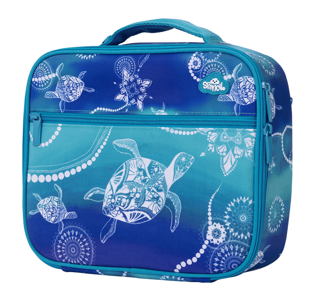 Angled view of the Spencil Turtle of Life Big Cooler Lunch Bag with its padded aqua handle and zipped front pocket