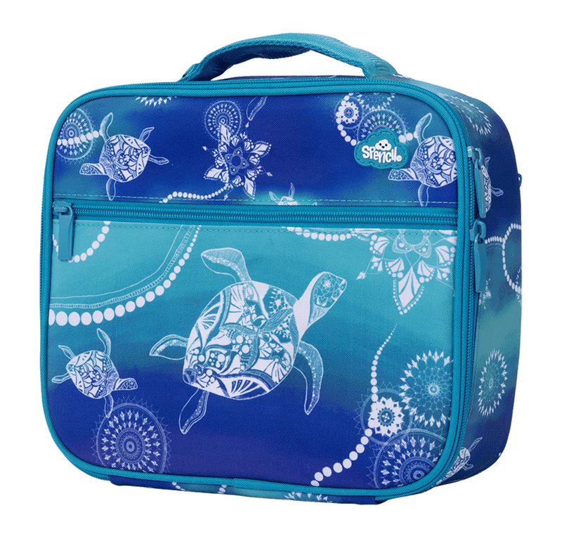 Angled view of the Spencil Turtle of Life Big Cooler Lunch Bag with its padded aqua handle and zipped front pocket