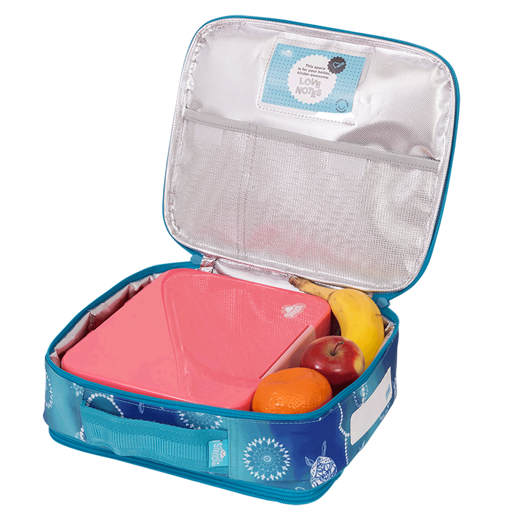 Spencil Turtle of Life Big Cooler Lunch Bag packed with a lunch box and fresh fruit to show capacity, lunch box and food not included