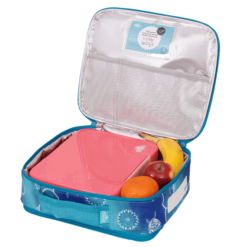 Spencil Turtle of Life Big Cooler Lunch Bag packed with a lunch box and fresh fruit to show capacity, lunch box and food not included