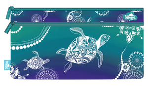 Front of the Spencil Turtle of Life twin zip pencil case showing white line-drawn sea turtles, mandala flowers and dotted strands on an ocean blue and teal background