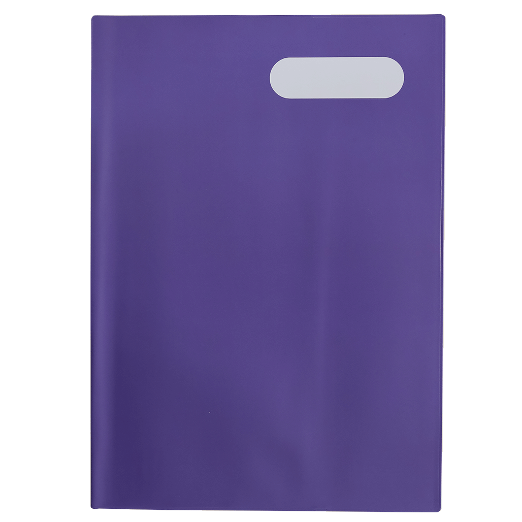 Spencil Violet A4 Book Cover Pack of 6: front of cover on a book, plain deep violet purple cover, with name and subject label