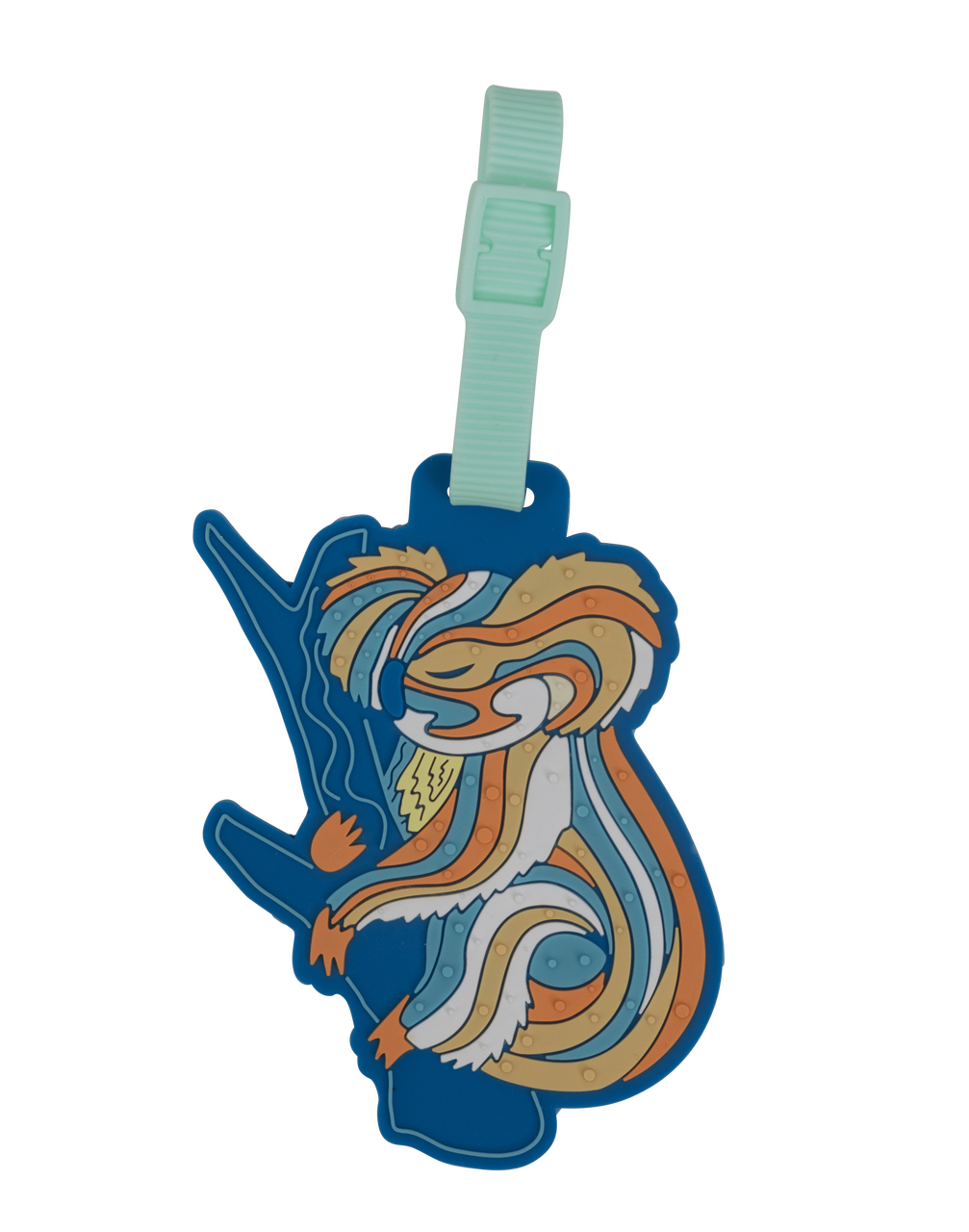 Spencil Wani-Wani Watina Bag Tag, front view showing the koala on a branch in orange, cream, gold and blue stripes