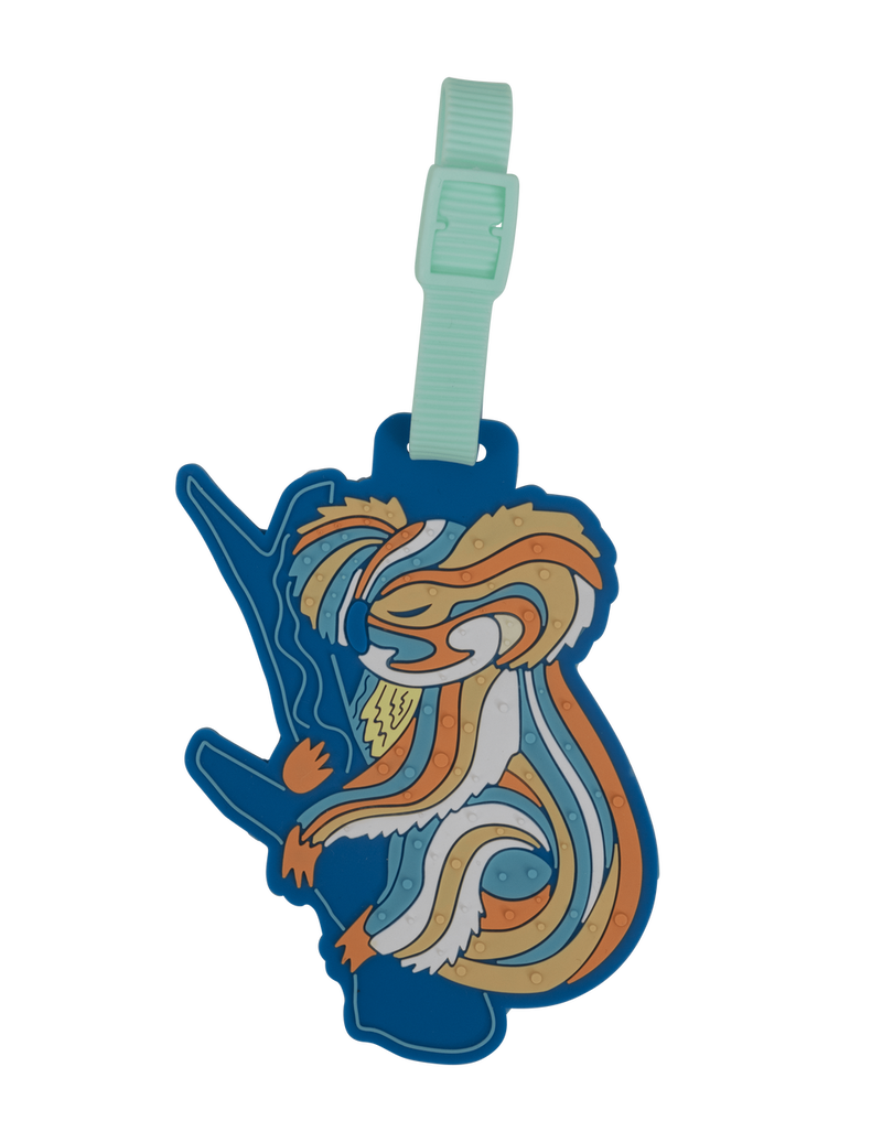 Spencil Wani-Wani Watina Bag Tag, front view showing the koala on a branch in orange, cream, gold and blue stripes