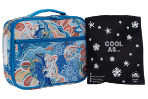 Spencil Wani-Wani Watina Big Cooler Lunch Bag standing beside its Big Chill Pack in a black snowflake Cool As cover, showing the artwork in blues, coral, cream and orange, with sky blue trim and handle
