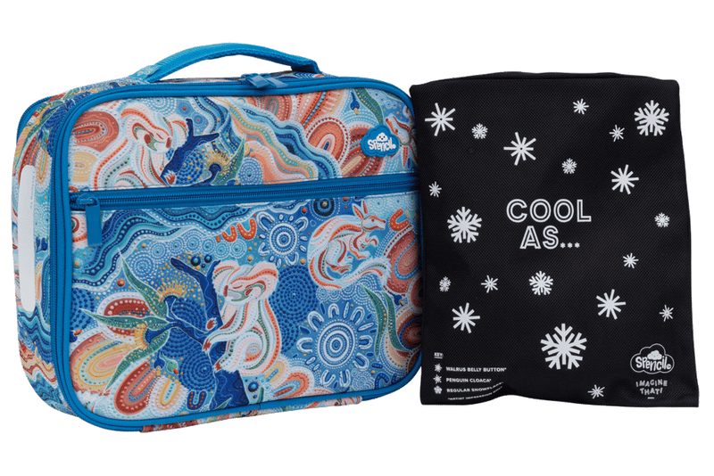 Spencil Wani-Wani Watina Big Cooler Lunch Bag standing beside its Big Chill Pack in a black snowflake Cool As cover, showing the artwork in blues, coral, cream and orange, with sky blue trim and handle